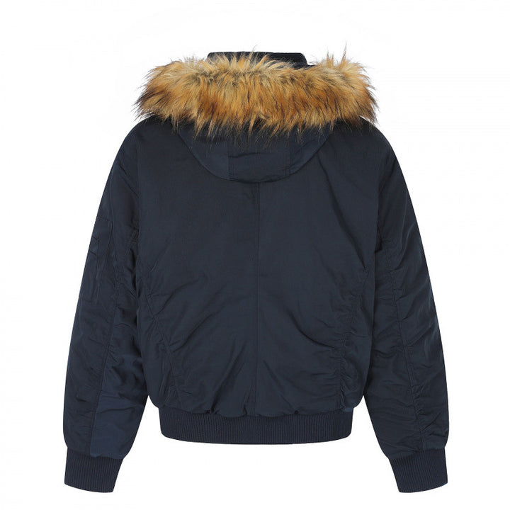 Damen Gefütterte Bomberjacke mit Kapuze und Kunstfellkragen Wattierte Winterjacke Drune