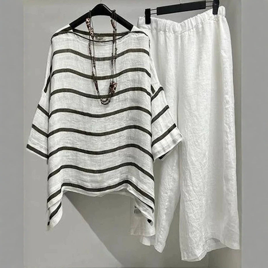 Damen nan lässiges Leinen-Set mit asymmetrischer Streifenbluse und weiter Elastikbund-Hose Drune
