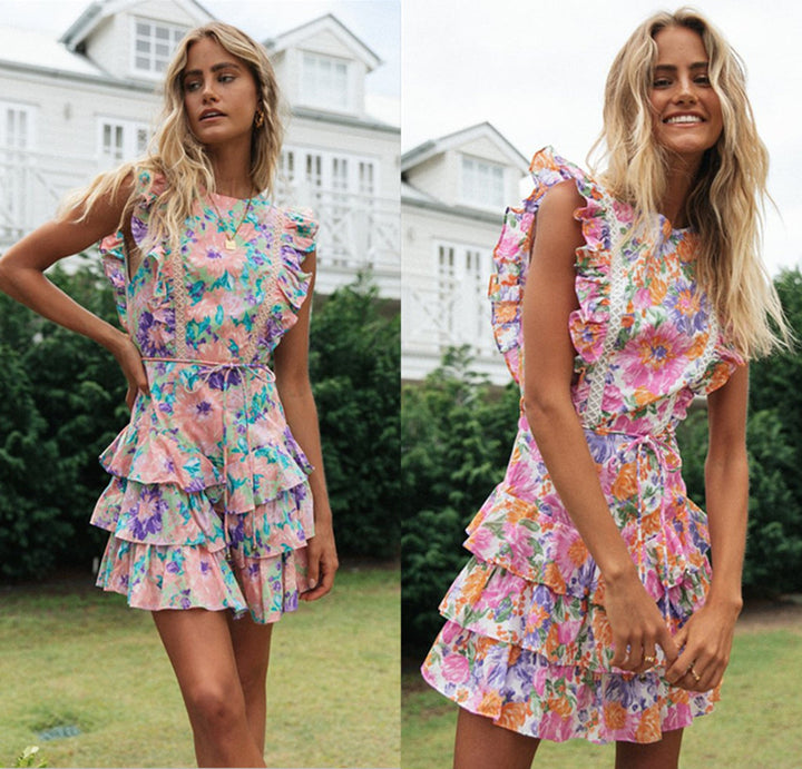 Damen Rüschensommerkleid mit floralen Mustern und schickem Taillengürtel Drune