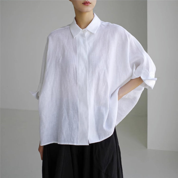 Damen Weite Boxy-Leinenbluse mit verdeckter Knopfleiste, Stehkragen und krempelbaren Ärmeln Drune