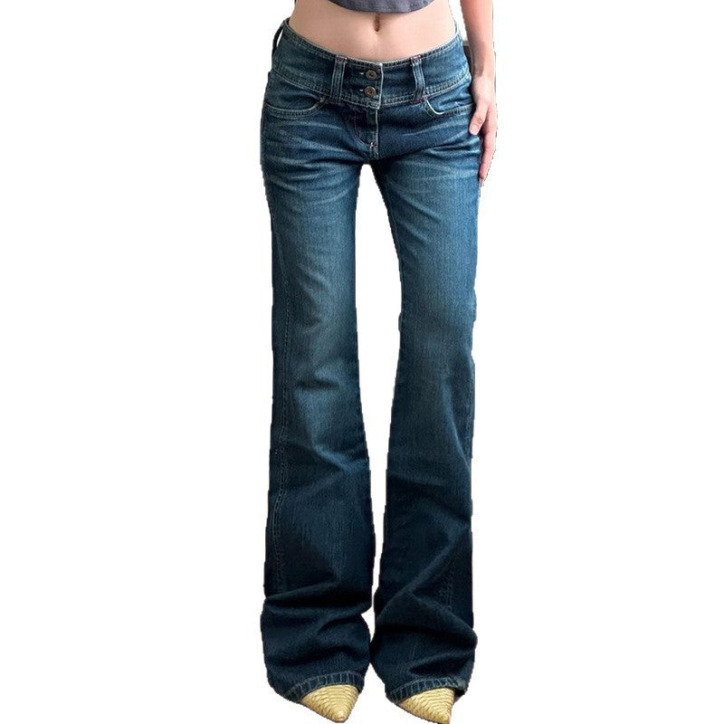 Damen Low-Rise Bootcut-Jeans mit doppelter Knopfleiste und extra weitem Schlag Drune