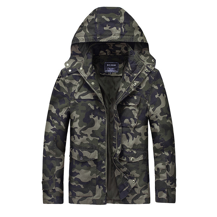 Herren leichte Camouflage Feldjacke mit Kapuze, Kordelzug und Multifunktions‑Taschen Drune