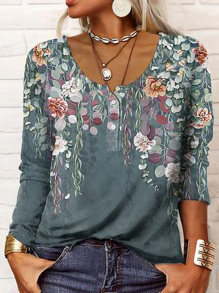 Damen Boho-Tunika mit floralen Hängeranken, V-Ausschnitt und dreiviertelärmeln Drune