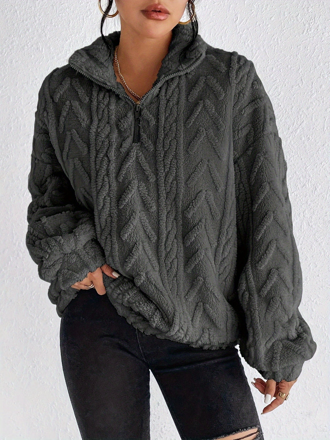 Damen Fleece Pullover mit hohem Kragen und strukturiertem Design Drune