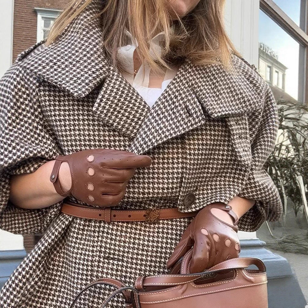 Damen Kurze zweireihige Boxy‑Jacke im Hahnentritt mit hohem Stehkragen und dekorativen Schnallen Drune