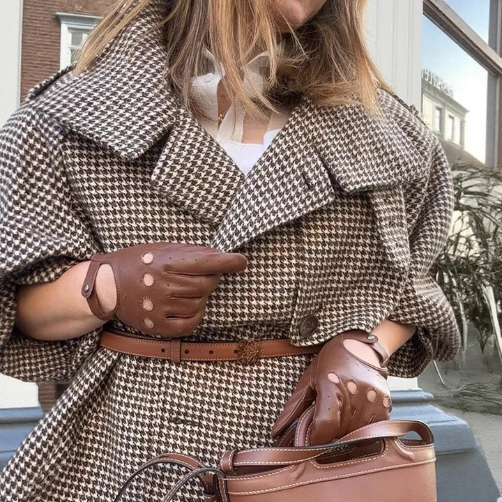 Damen Kurze zweireihige Boxy‑Jacke im Hahnentritt mit hohem Stehkragen und dekorativen Schnallen Drune