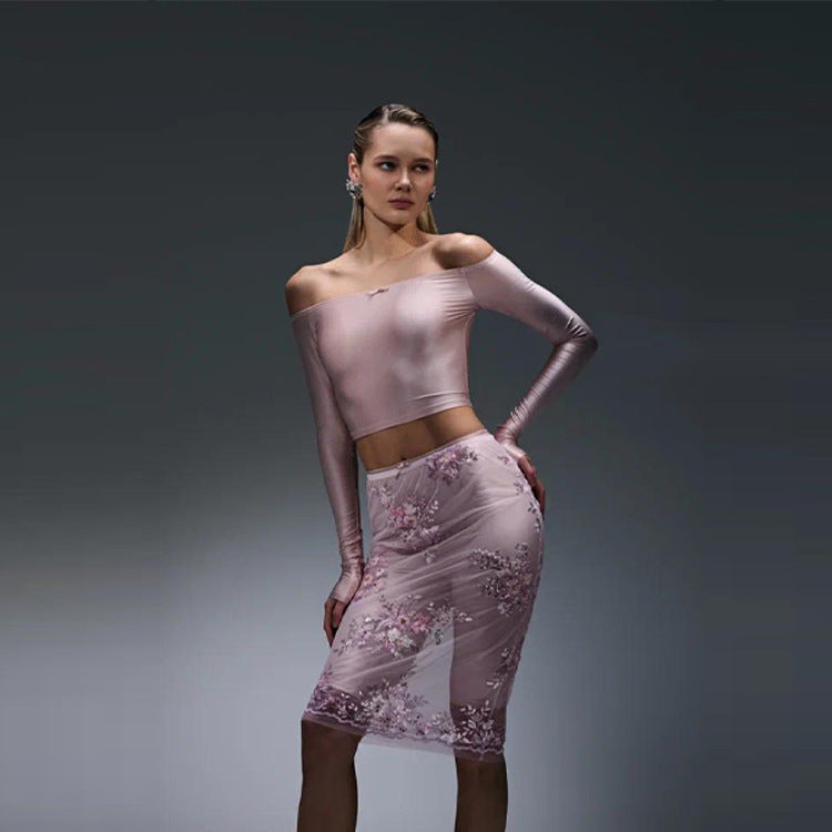 Damen elegantes Oberteil mit floraler Spitzenbordüre und Schößchen-Design Drune