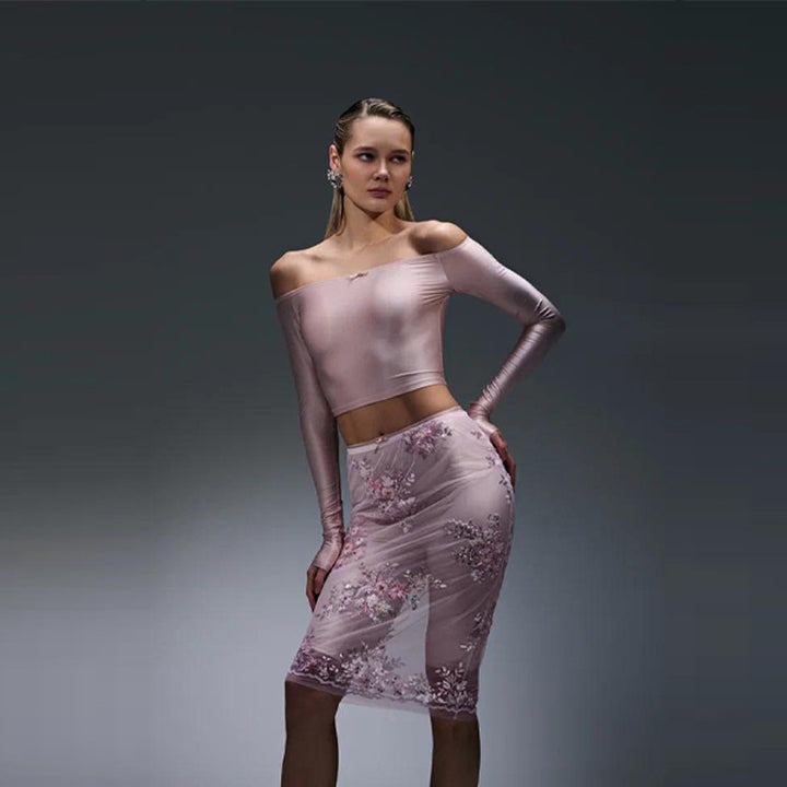Damen elegantes Oberteil mit floraler Spitzenbordüre und Schößchen-Design Drune