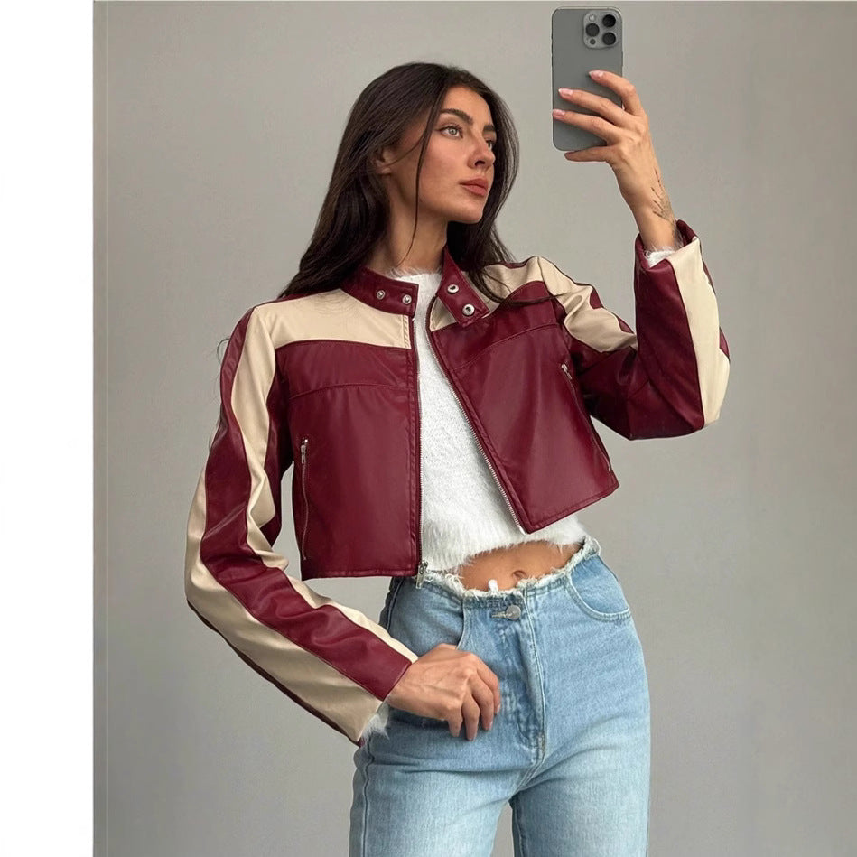 Damen cropped Kunstlederjacke mit kontrastierenden Einsätzen Drune