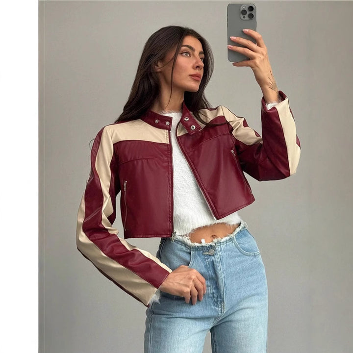 Damen cropped Kunstlederjacke mit kontrastierenden Einsätzen Drune