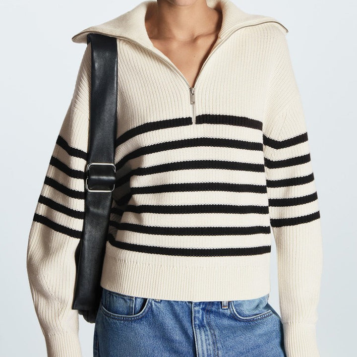 Damen Gestreifter Half‑Zip Strickpullover mit Matrosenkragen und überschnittener Schulter Drune