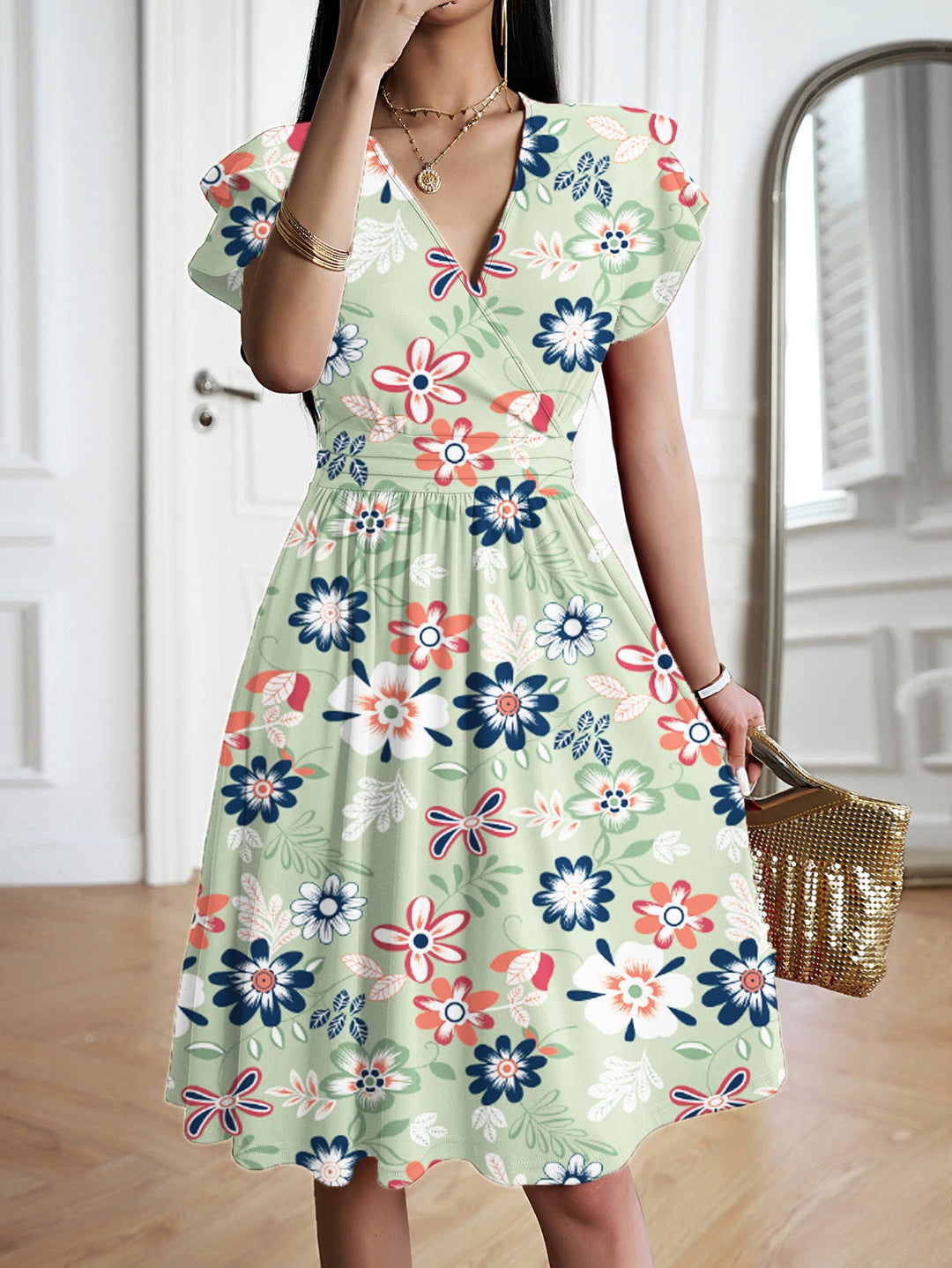 Damen elegantes Wickelkleid mit Rüschendetails und Taillierung Drune
