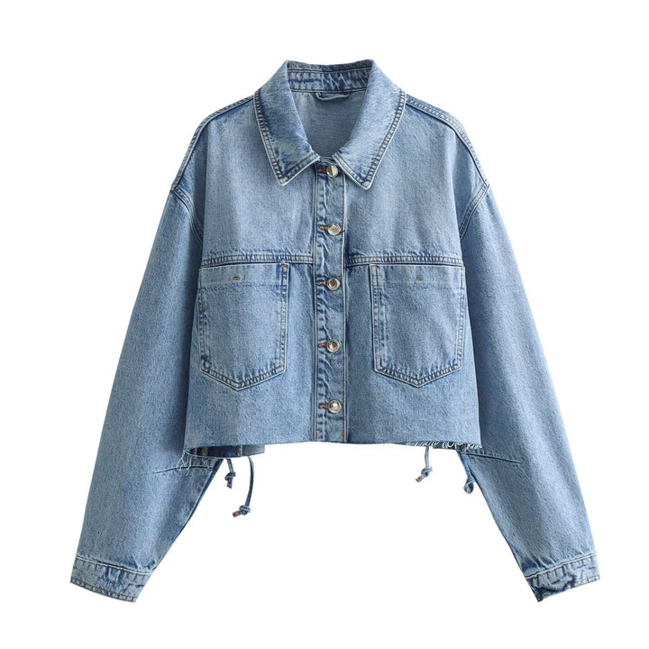 Damen nan cropped Oversize-Jeansjacke mit Tunnelzugsaum, aufgesetzten Brusttaschen und Metallknopfleiste Drune