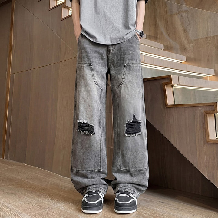 Herren Weite Baggy-Jeans mit Used‑Wash, Knie‑Rips & Utility‑Nähten Drune