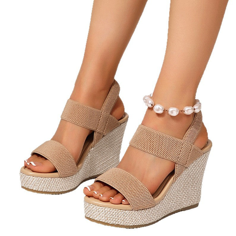 Damen nan Keilabsatz-Sandalen mit elastischen Textilriemen und geflochtenem Bast-Plateau Drune