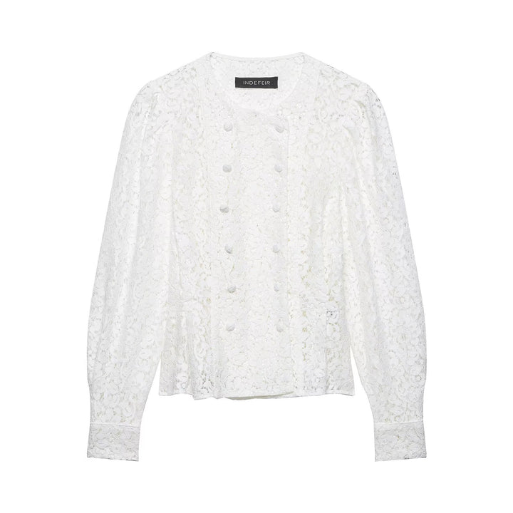 Damen Spitzenbluse im Jackenlook mit floralem Spitzenmuster und Zierknopfleiste Drune