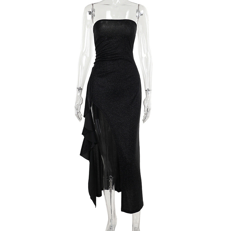 Damen elegantes schulterfreies Abendkleid mit asymmetrischem Volant Drune