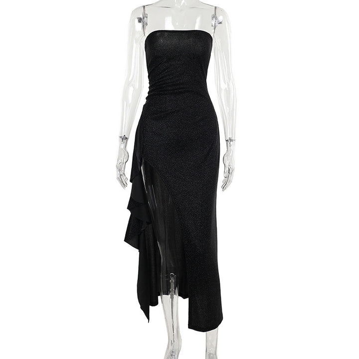 Damen elegantes schulterfreies Abendkleid mit asymmetrischem Volant Drune