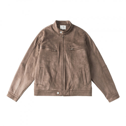 Unisex Kurzgeschnittene kastige Velours-Blousonjacke mit Stehkragen und Brustreißverschlüssen Drune
