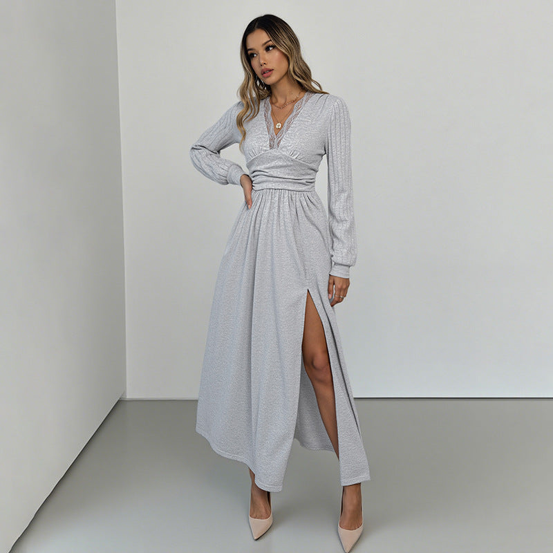 Damen Elegantes Wickel‑Maxikleid mit Spitzenbesatz, tailliertem Knotenbund und hohem Beinschlitz Drune