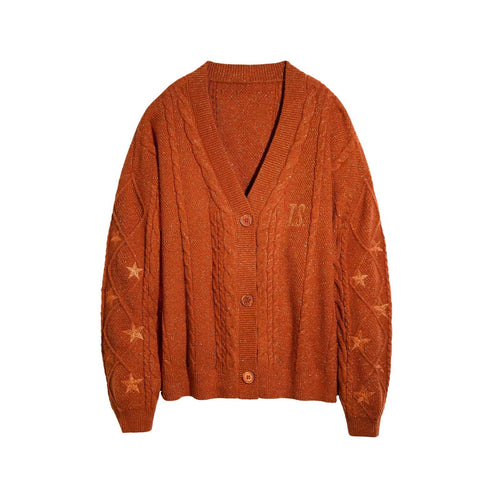 Damen nan großzügiger Grobstrick-Cardigan mit Zopfmuster, V-Ausschnitt und Sternstickereien Drune