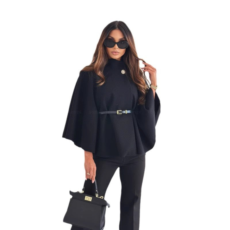 Damen elegante Poncho-Bluse mit Gürtel und modischem Revers Drune