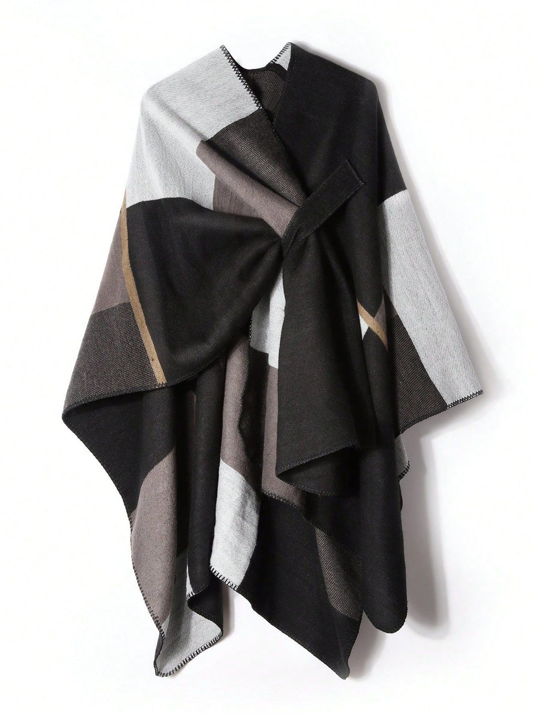 Damen Dreieckiger Strickponcho mit geometrischem Jacquardmuster und Ziernaht Drune