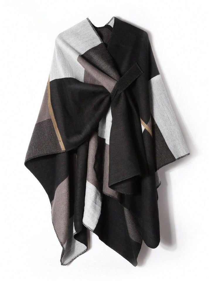 Damen Dreieckiger Strickponcho mit geometrischem Jacquardmuster und Ziernaht Drune