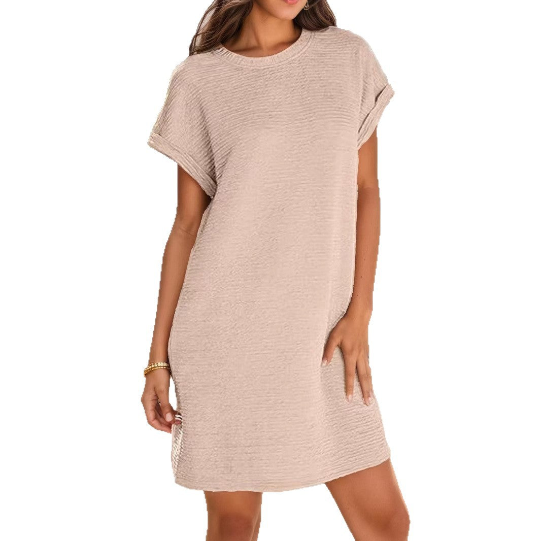 Damen lässiges Minikleid mit strukturiertem Stoff und umschlagbaren Ärmeln Drune