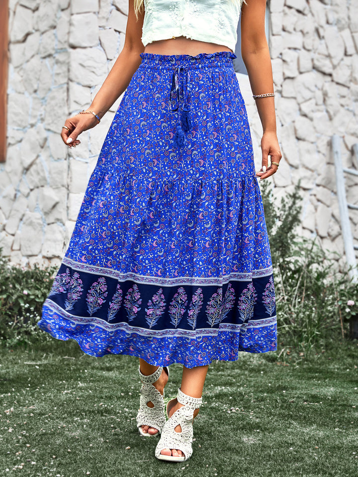Damen nan leichter Stufen-Maxirock mit elastischem Rüschenbund, Kordel-Tassel und zartem Paisley-Print Drune
