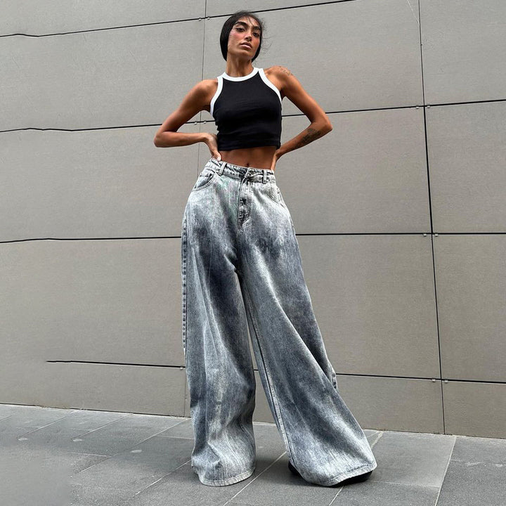 Damen Weite Jeanshose im Vintage-Stil mit hohen Seitentaschen Drune