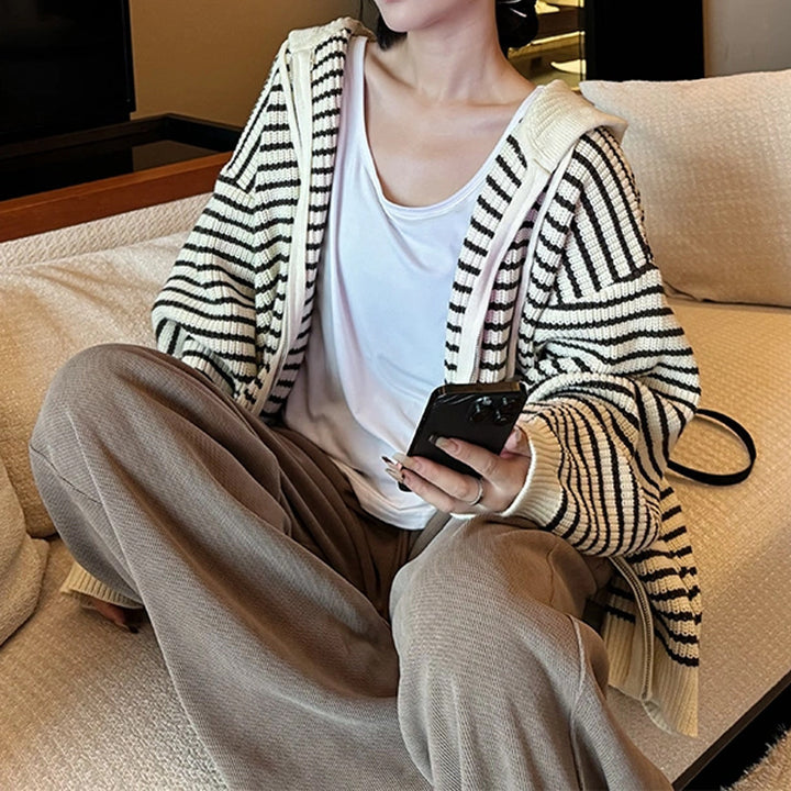 Damen Oversized Strickjacke mit Reißverschluss und Kapuze Drune