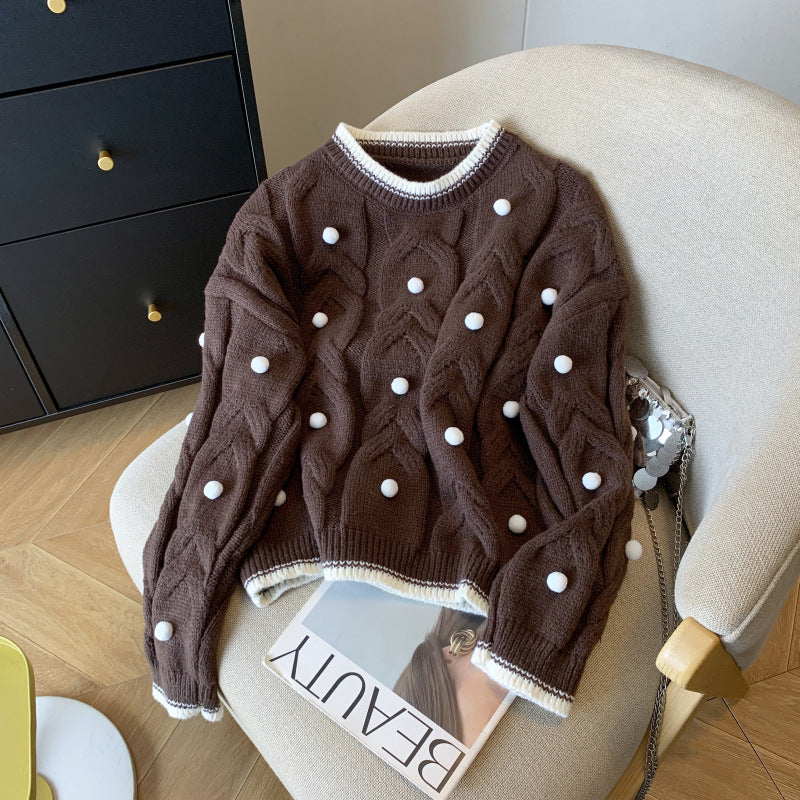 Damen Grob gestrickter Oversize Pullover mit lässigem Zopfmuster und verspielten Applikationen Drune