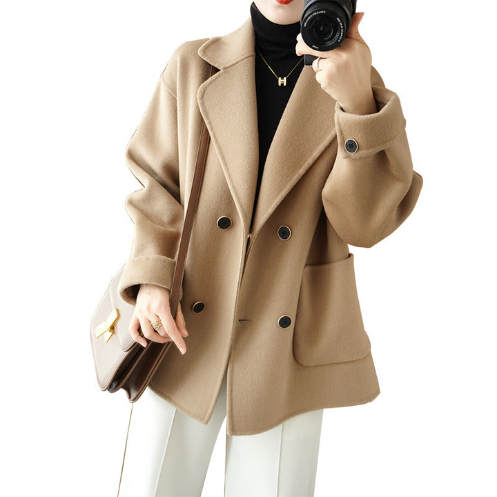 Damen Kurzer doppeltreihiger Wollmix-Mantel mit Reverskragen und kastiger Oversize‑Silhouette Drune