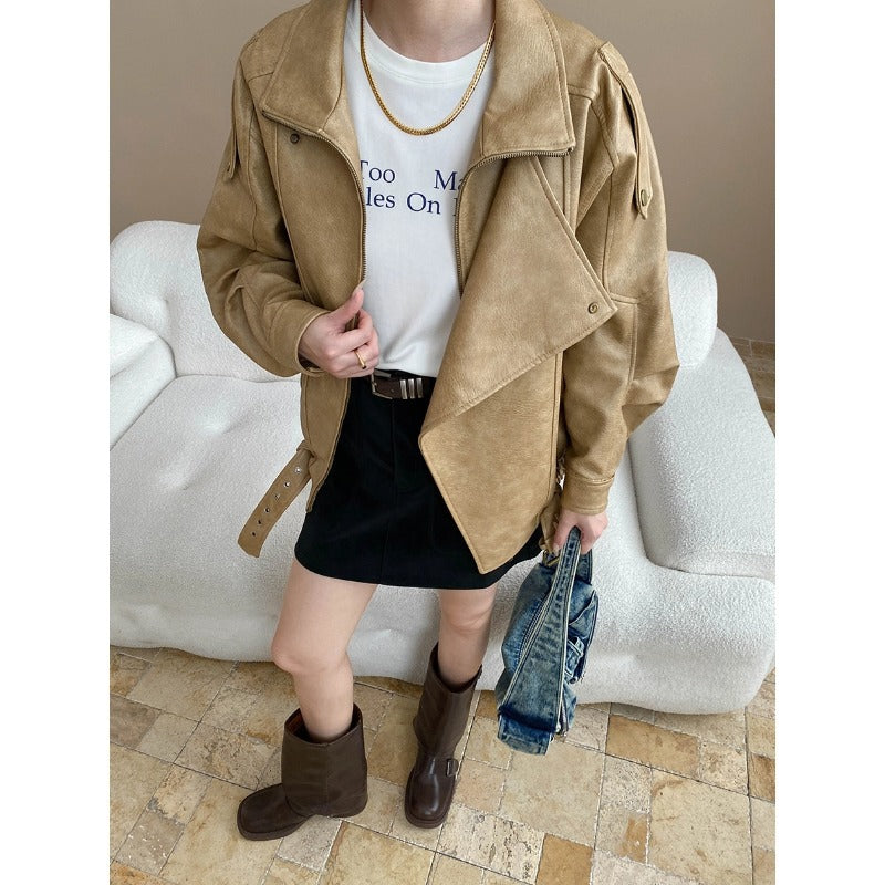 Damen lässige Motorradjacke im Oversized-Stil mit dekorativen Knopfdetails und hohem Kragen Drune