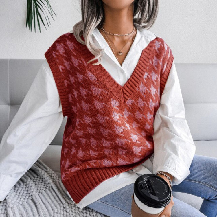 Damen Oversize Strickweste mit Hahnentritt-Muster und V-Ausschnitt Drune