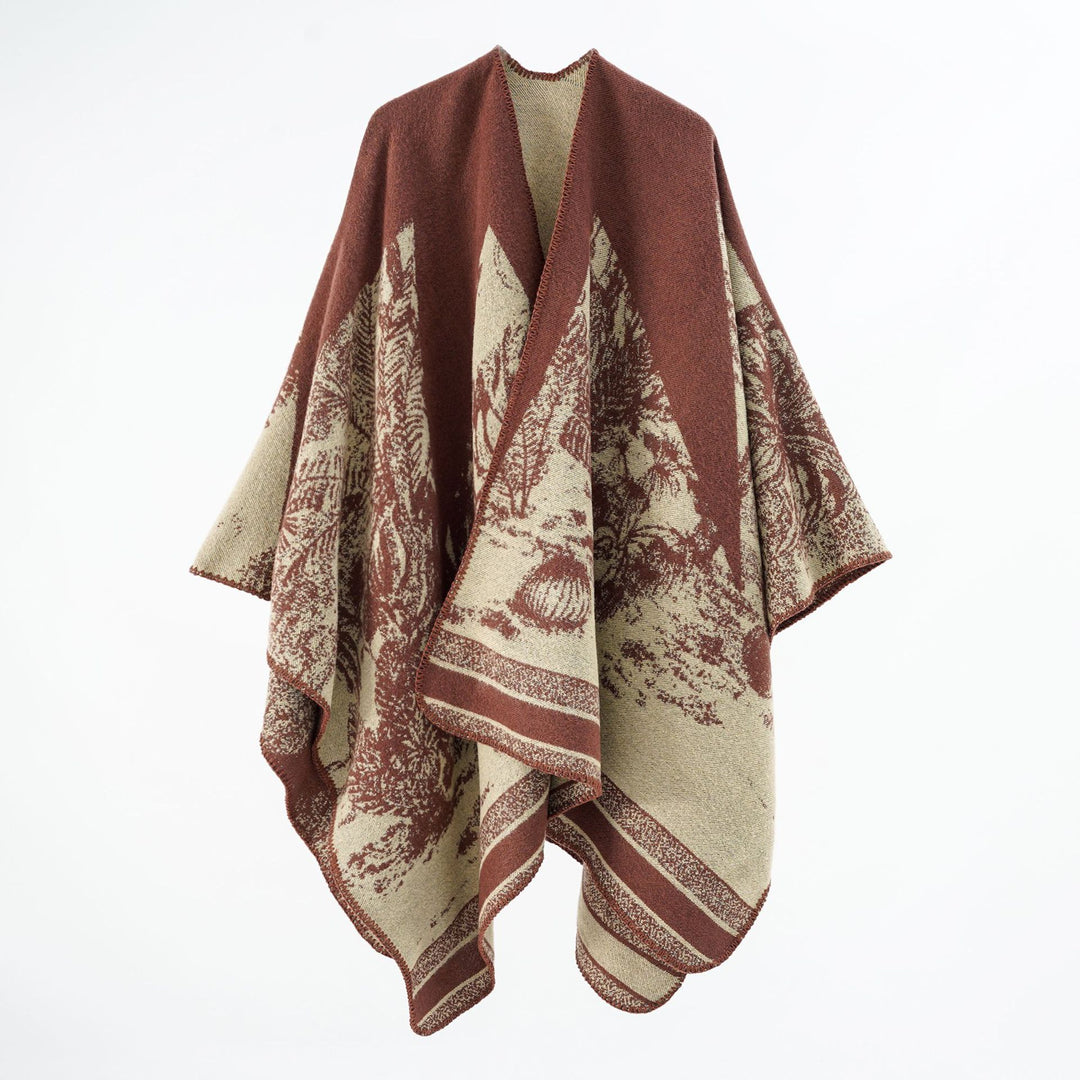 Damen Capeponcho aus Wollmix mit zweifarbiger Jacquardstruktur und Zierstichrand Drune