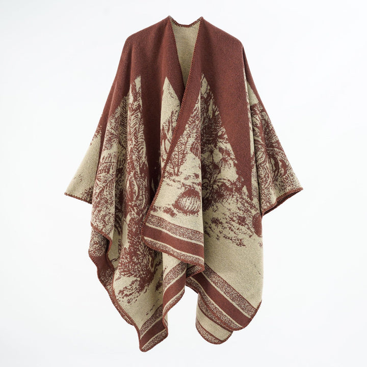 Damen Capeponcho aus Wollmix mit zweifarbiger Jacquardstruktur und Zierstichrand Drune
