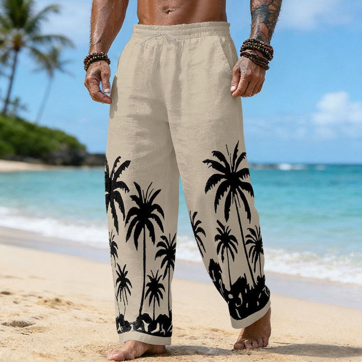 Herren Lässige weite Leinenhose mit elastischem Bund und tonalem Palmenprint Drune