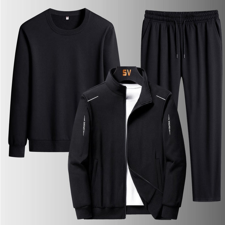 Herren Dreiteiliges Freizeit-Trainingsset aus French-Terry mit Kapuzenjacke, Rundhals-Sweat & tapered Jogginghose Drune