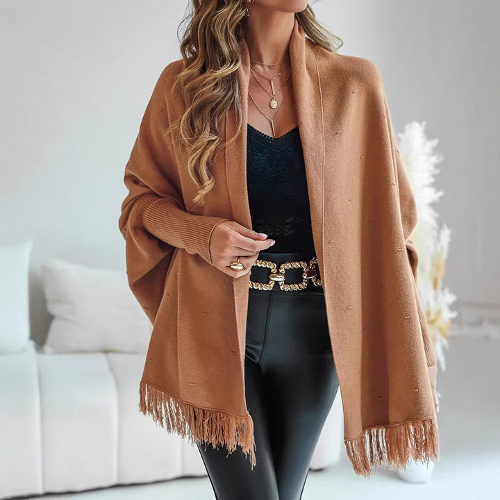 Damen Fransen‑Poncho‑Cardigan mit dekorativem Taillengürtel und Rippbündchen Drune
