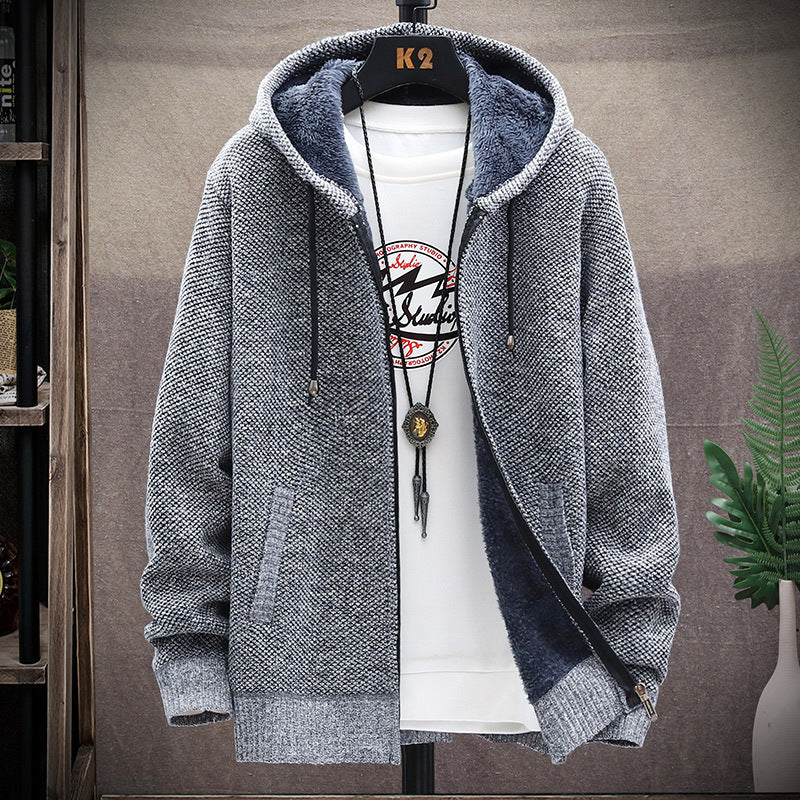 Herren nan gefütterte Strick-Kapuzensweatjacke mit Teddyfutter, durchgehendem Reißverschluss und Kängurutaschen Drune