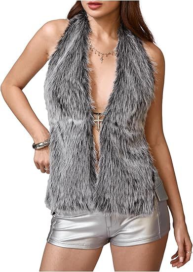 Damen Ärmelloses Cropped-Kunstpelz-Set mit Minirock und flauschigen Stulpen Drune
