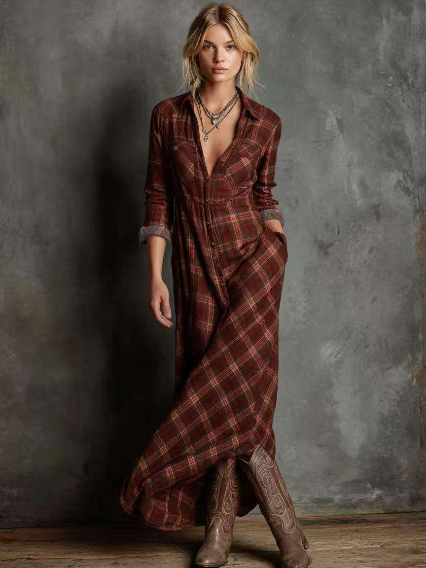Damen Maxikleid aus kariertem Flanell-Look mit Knopfleiste und seitlichen Taschen Drune
