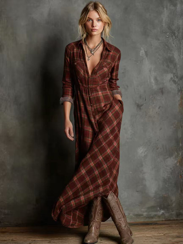 Damen Maxikleid aus kariertem Flanell-Look mit Knopfleiste und seitlichen Taschen Drune