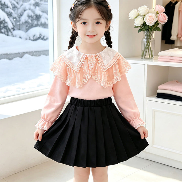 Mädchen Bluse mit elegantem Spitzenkragen und Rüschendetails Drune