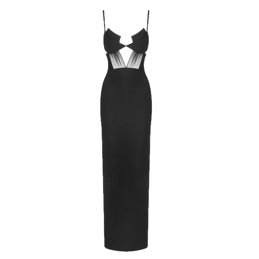 Damen elegantes Cut-Out Maxikleid mit tiefem V-Ausschnitt und transparenten Akzenten Drune