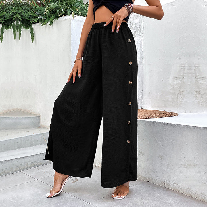 Damen Weite Palazzo-Hose mit elastischem Bund, Seitenschlitz und Zierknopfleiste Drune