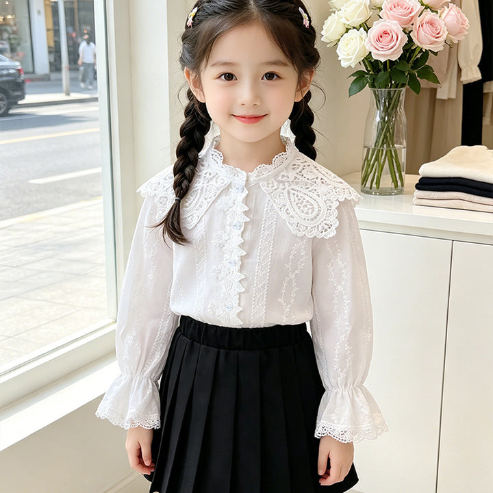 Mädchen elegante Bluse mit Rüschenkragen und Spitzenakzenten Drune