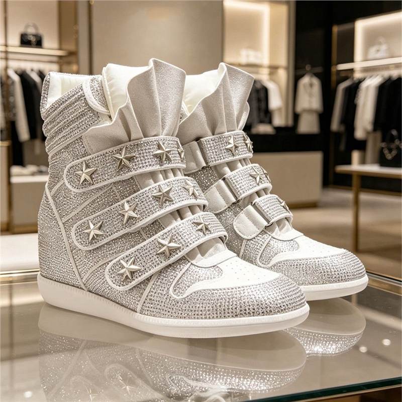 Damen Keil-Sneaker mit verstecktem Absatz, Strassbesatz und Sternnieten Drune
